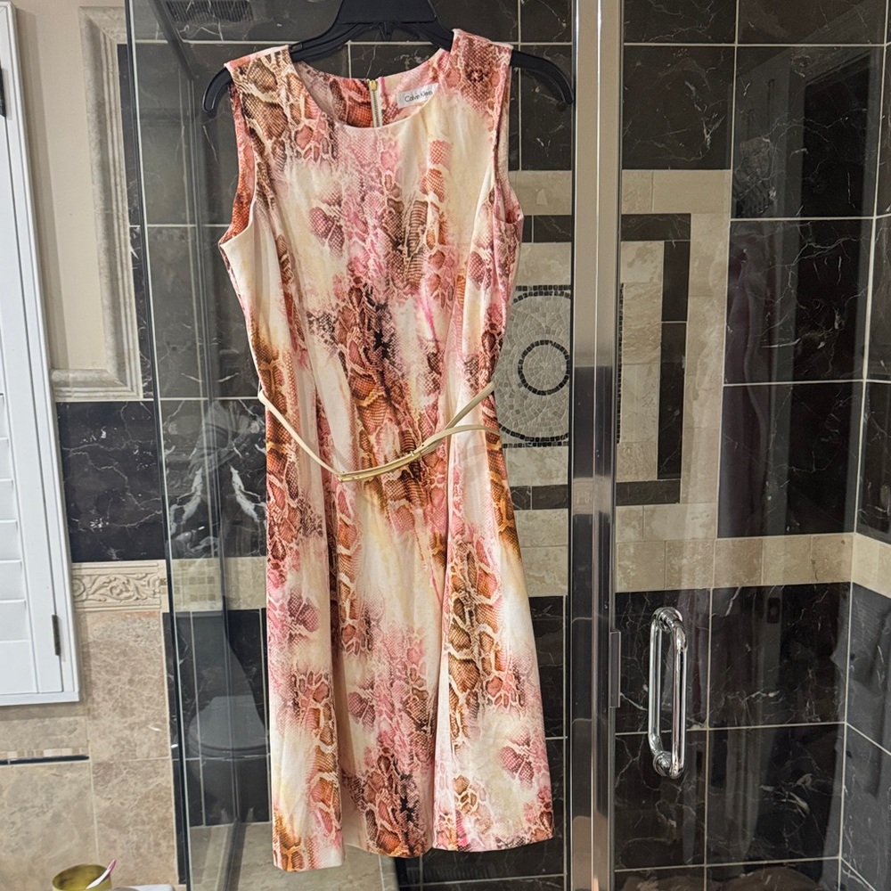 Calvin Klein Pink and Tan Snake-Print Midi Dress